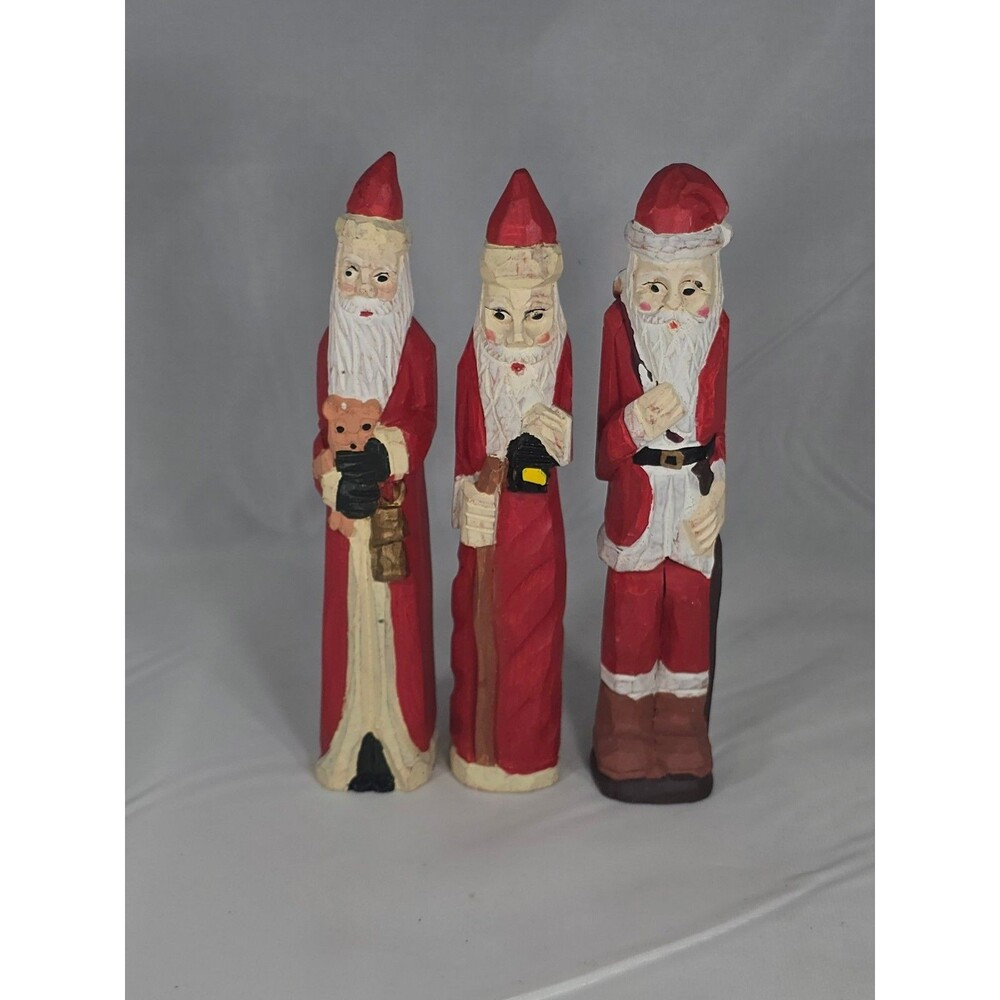 3 Vintage Hand Carved Style Wooden Pencil Santa Figures Primitve Folk Art Lot 2